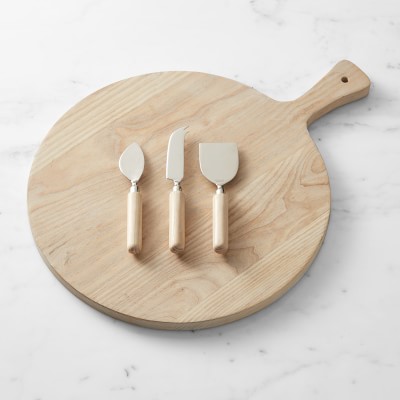 Vintorio Round Wooden Cheese Board with Handle and Cheese Knives