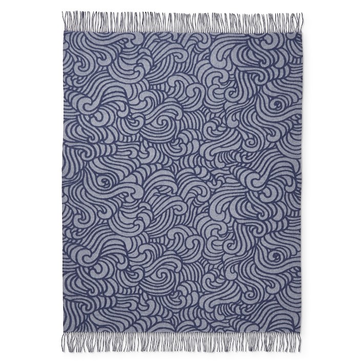 Novelty Wave Patterned Jacquard Navy Cashmere Throw | Williams Sonoma