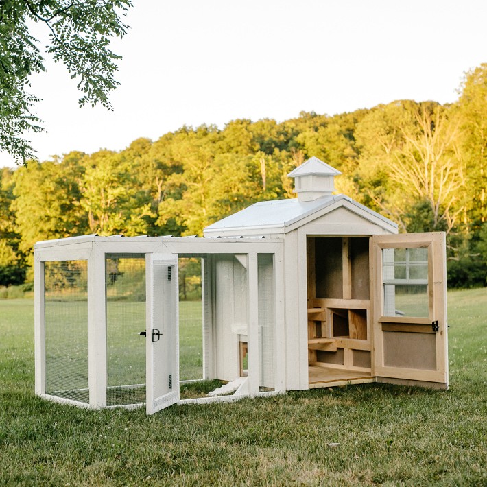 Charming White Chicken Coop with Silver Metal Roof, Chicken Run, and