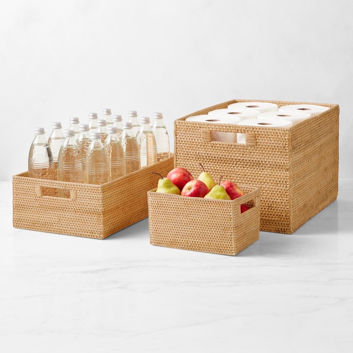 Rattan Style Plastic Storage Baskets Home Kitchen Office Tidy Organizer  Lidded
