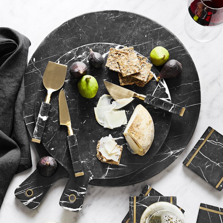 Acacia Wood and Marble Cheeseboard with Iron Handles and Cheese Knife Set