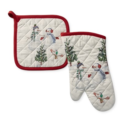 New Williams Sonoma Snowman Oven Mitt And Pot Holder Set