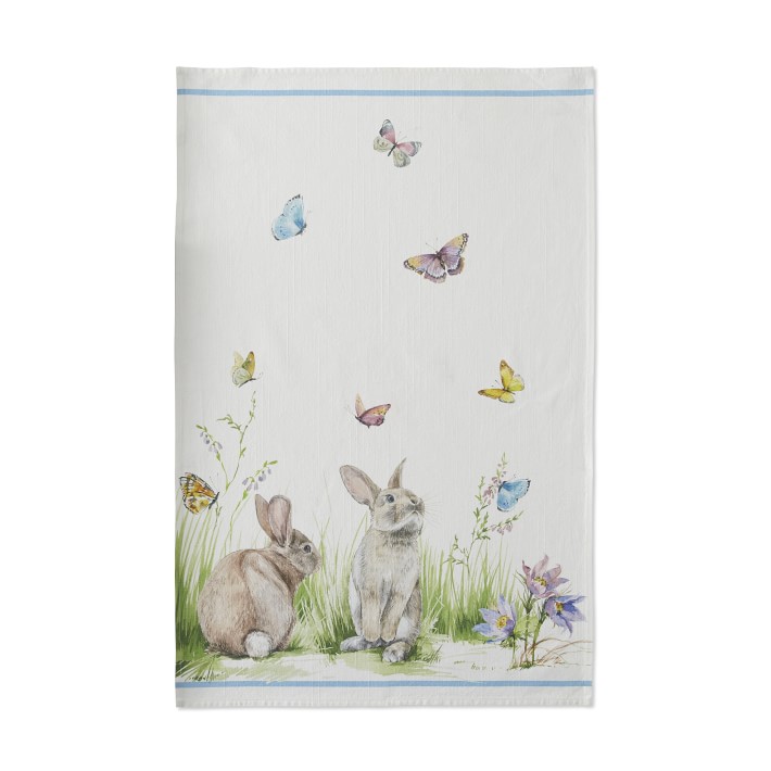 Set 3 WILLIAMS SONOMA Floral Meadow Spring Bunny Rabbit KITCHEN TOWELS