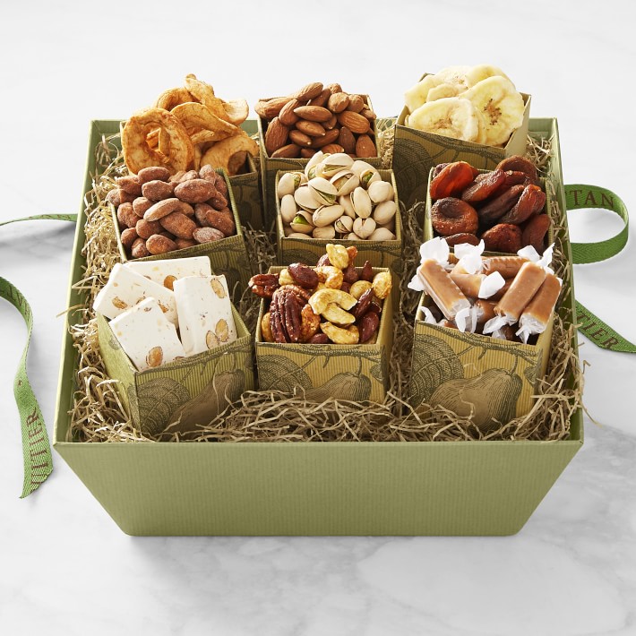 Dried Fruit & Nuts Gift Basket in Reusable Wood Tray + Green Ribbon (12  Assortments) Holiday
