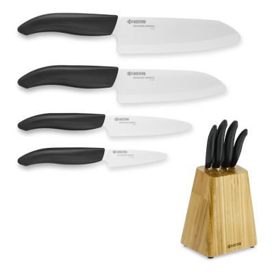 Kyocera - 4-knife set white ceramic blade with bamboo knife block holder