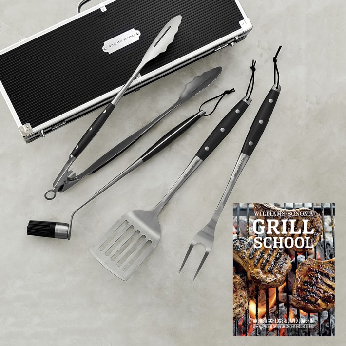 Williams Sonoma Stainless-Steel BBQ Utensils with WS Grill School Cookbook, Set of 4