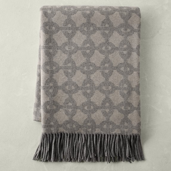 Light Grey Chain Link Patterned Jacquard Cashmere Blanket Williams Sonoma