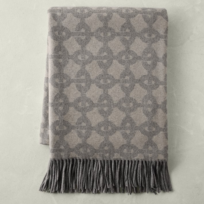Novelty Patterned Jacquard Cashmere Throw, Chain Link, Light Gray