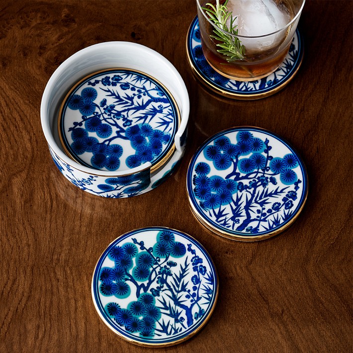Blue and White Chinoiserie Ceramic Coasters with Holder