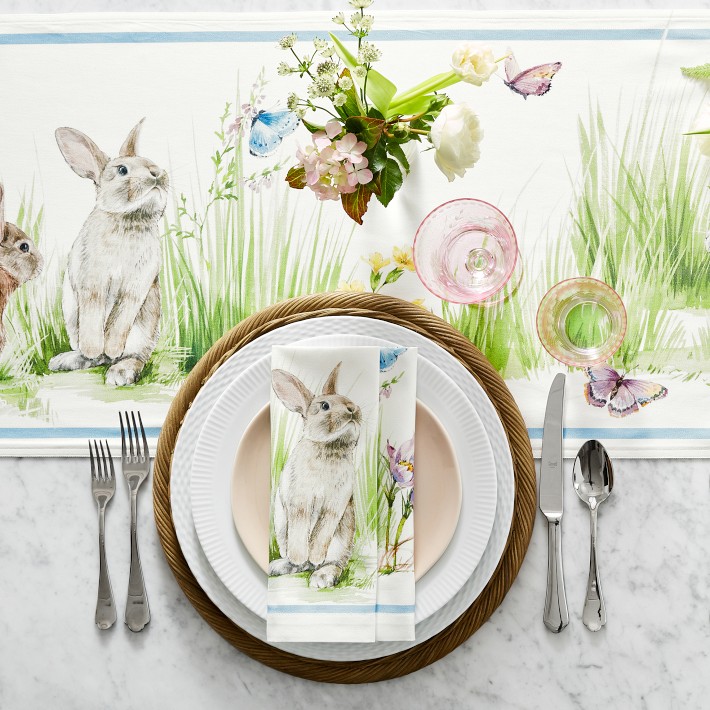 Set 3 WILLIAMS SONOMA Floral Meadow Spring Bunny Rabbit KITCHEN TOWELS