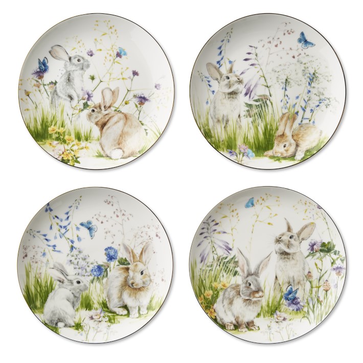 Floral Meadow Mixed Salad Plates, Set of 4, Bunny