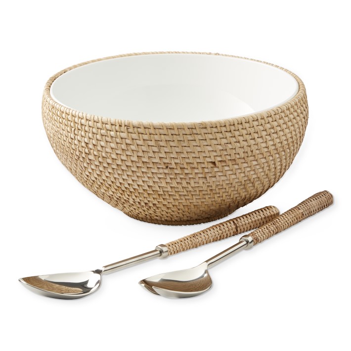 Glass salad bowl with woven rattan holder