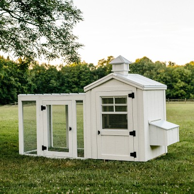 Charming White Chicken Coop With Silver Metal Roof, Chicken Run, And 