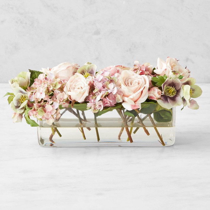 Faux Spring Rose &amp; Hydrangea Floral Arrangement, Tablerunner Vase