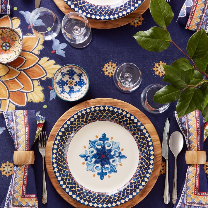 Sicily Ceramic Dinner Plates, Blue Rim