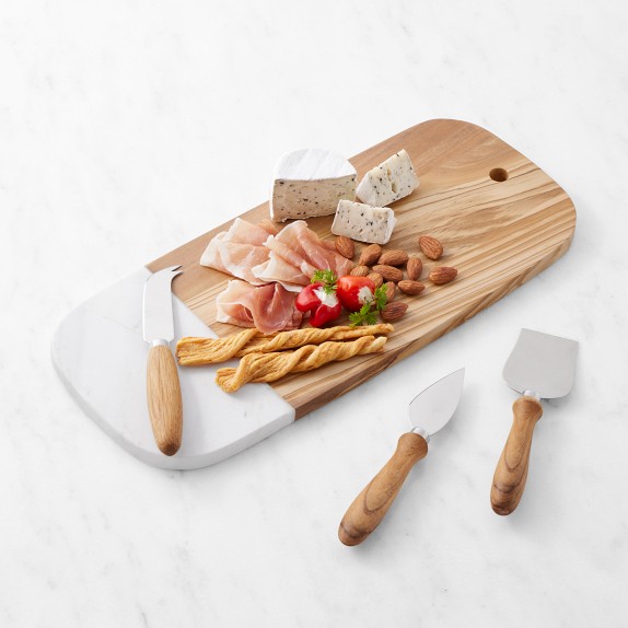 Olivewood & White Marble Rectangular Cheese Board with Cheese Knives Williams Sonoma
