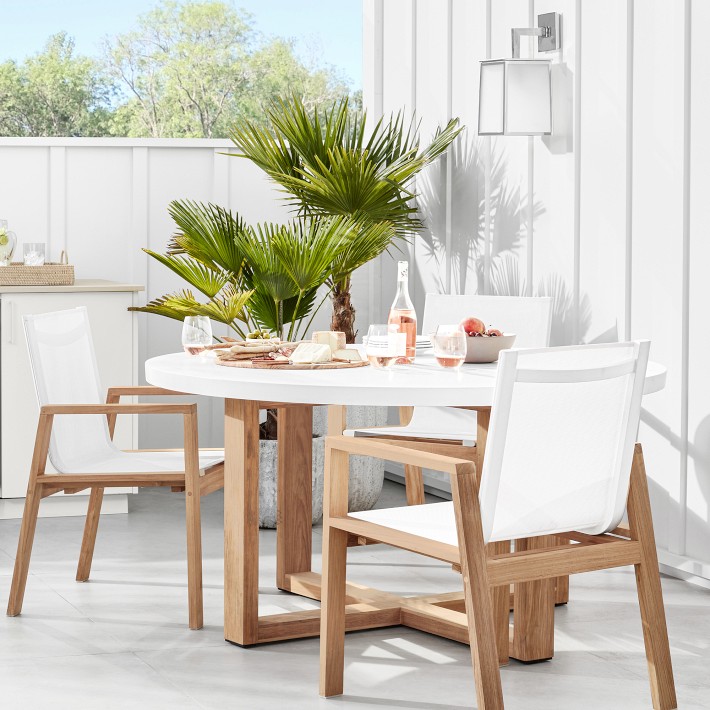 Larnaca Round Fiberstone Dining Table &amp; Santa Barbara Teak &amp; Mesh Dining Chairs