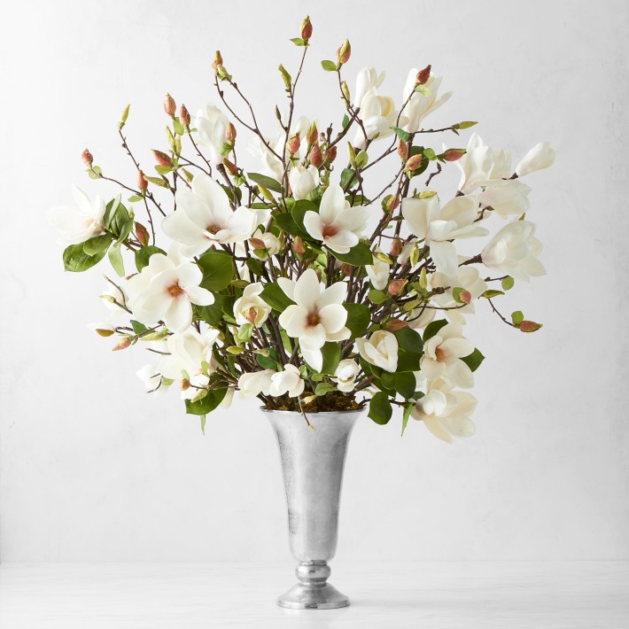 Faux Magnolia Flower &amp; Branch Arrangement in Silver Vase