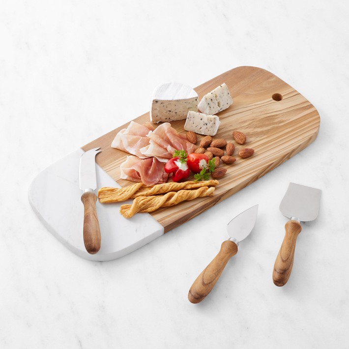 Olivewood &amp; White Marble Rectangular Cheese Board with Cheese Knives