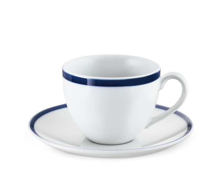 Brasserie Blue-Banded Porcelain Cups & Saucers, Set of 4