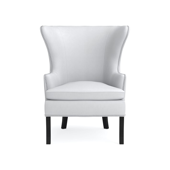 Chelsea Wing Chair, Brushed Canvas, White, Polished Nickel
