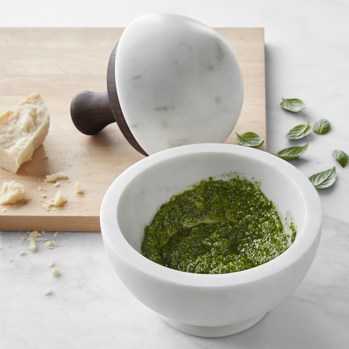 Williams Sonoma White Marble & Walnut Mortar & Pestle