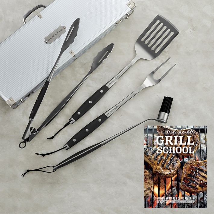 Williams Sonoma Stainless Steel BBQ Tool Set with Williams Sonoma Grill School Cookbook