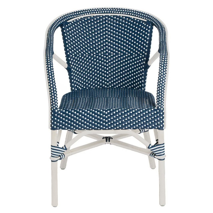 French Bistro Outdoor Dining Armchair, Aluminum, White, Navy/White