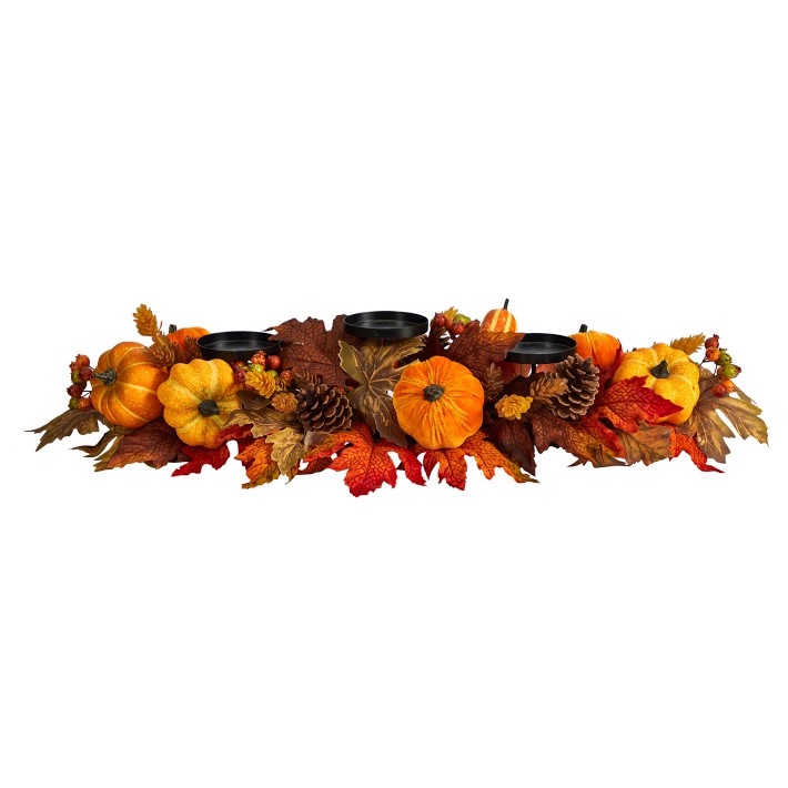 Fall Maple Leaves, Berries, &amp; Pumpkin Autumn Harvest Candelabrum Arrangement, 36&quot;