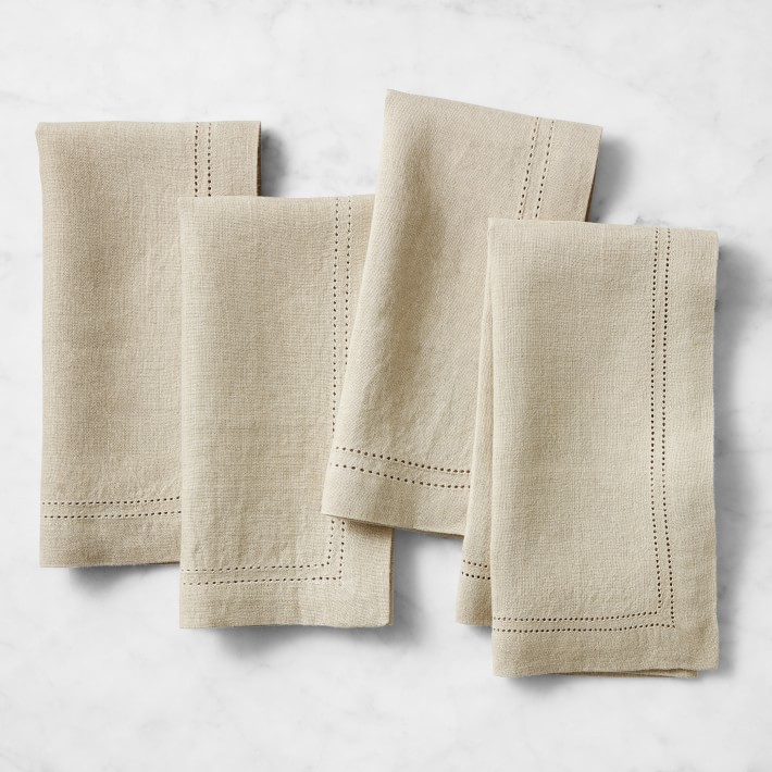 Linen Double Hemstitch Napkins, Set of 4 in Flax