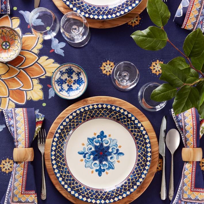 Sicily Ceramic Dinner Plates, Blue Rim (Set of 4)