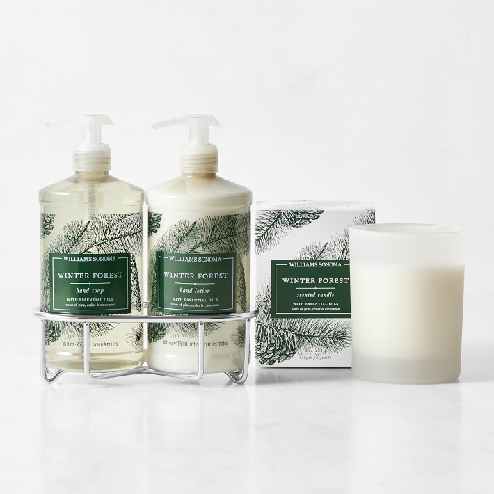 Williams Sonoma Winter Forest Hand Soap, Hand Lotion and Candle 4-Piece Set, Classic, Stainless