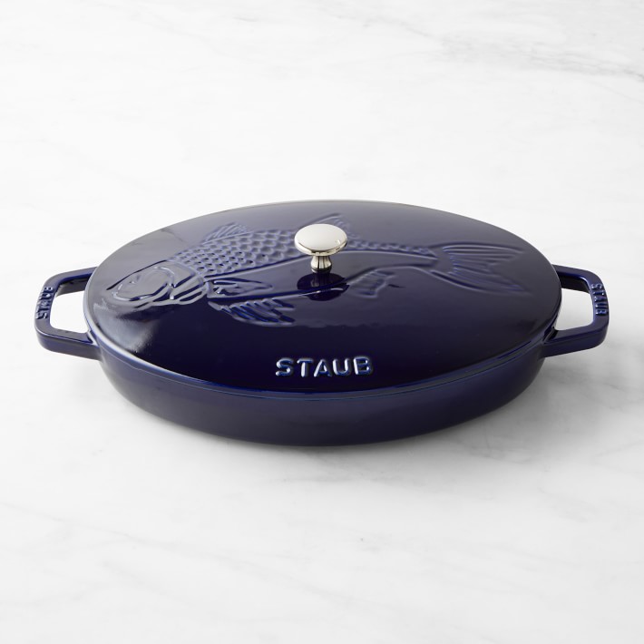 Staub Enameled Cast Iron Oval Gratin with Sea Bass Embossed Lid, 2 1/4 Qt.