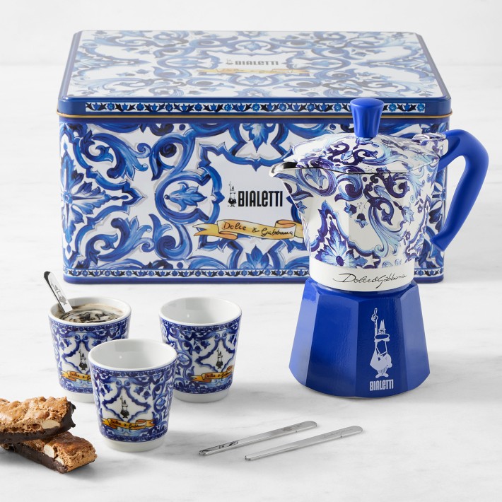 Bialetti Moka Dolce & Gabbana 6-Cup + 3 Espresso Cups & Stirrers Gift Set, Blu Mediterraneo