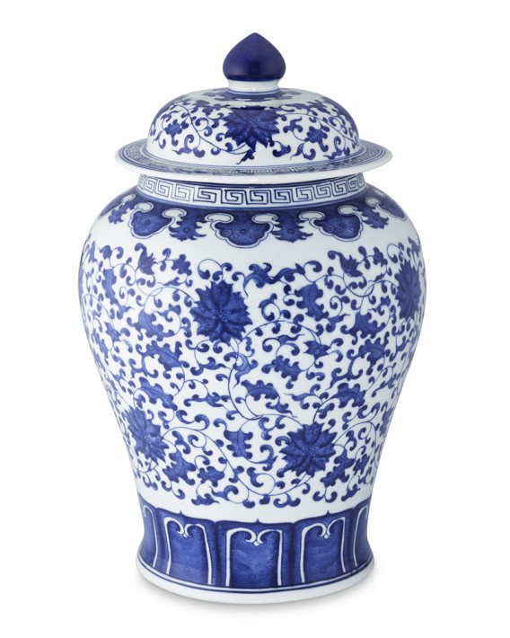 Blue &amp; White Ginger Jar Lidded Urn, 16"