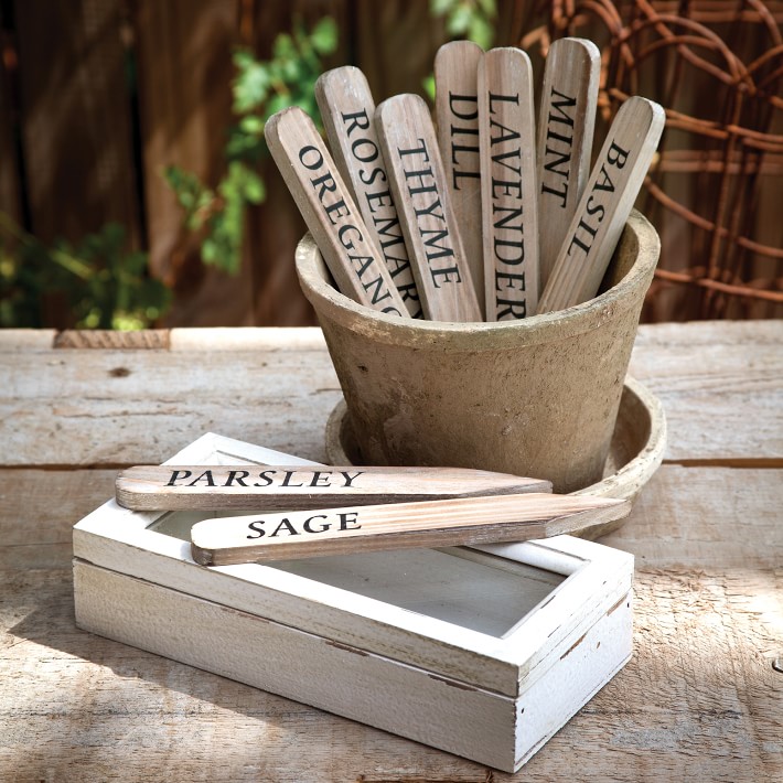 Wooden Herb Plant Stakes in Wooden Box, Set of 9