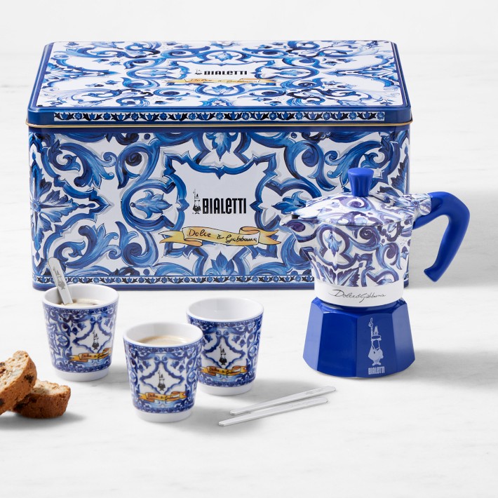 Bialetti Moka Dolce & Gabbana 3-Cup + 3 Espresso Cups & Stirrers Gift Set, Blu Mediterraneo