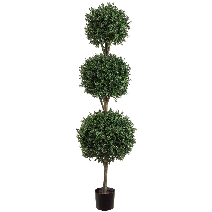 Triple Ball-Shaped Faux Boxwood Topiary in Plastic Pot, 72"