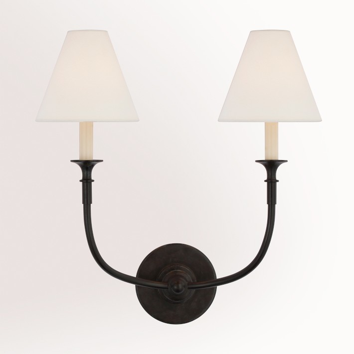 Piaf Double Sconce, Aged Iron with Linen Shade