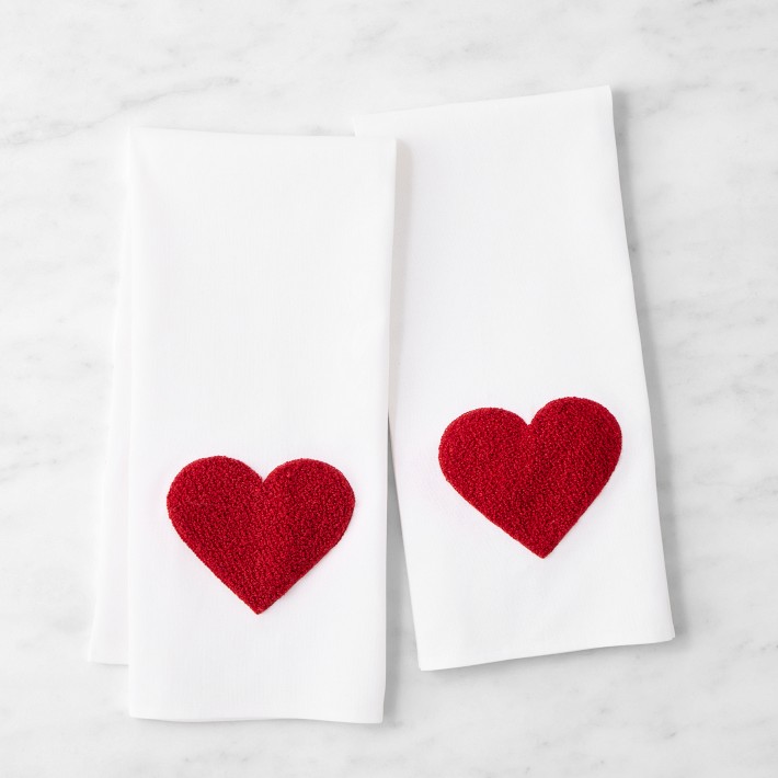 Red Embroidered Heart Towels, Set of 2