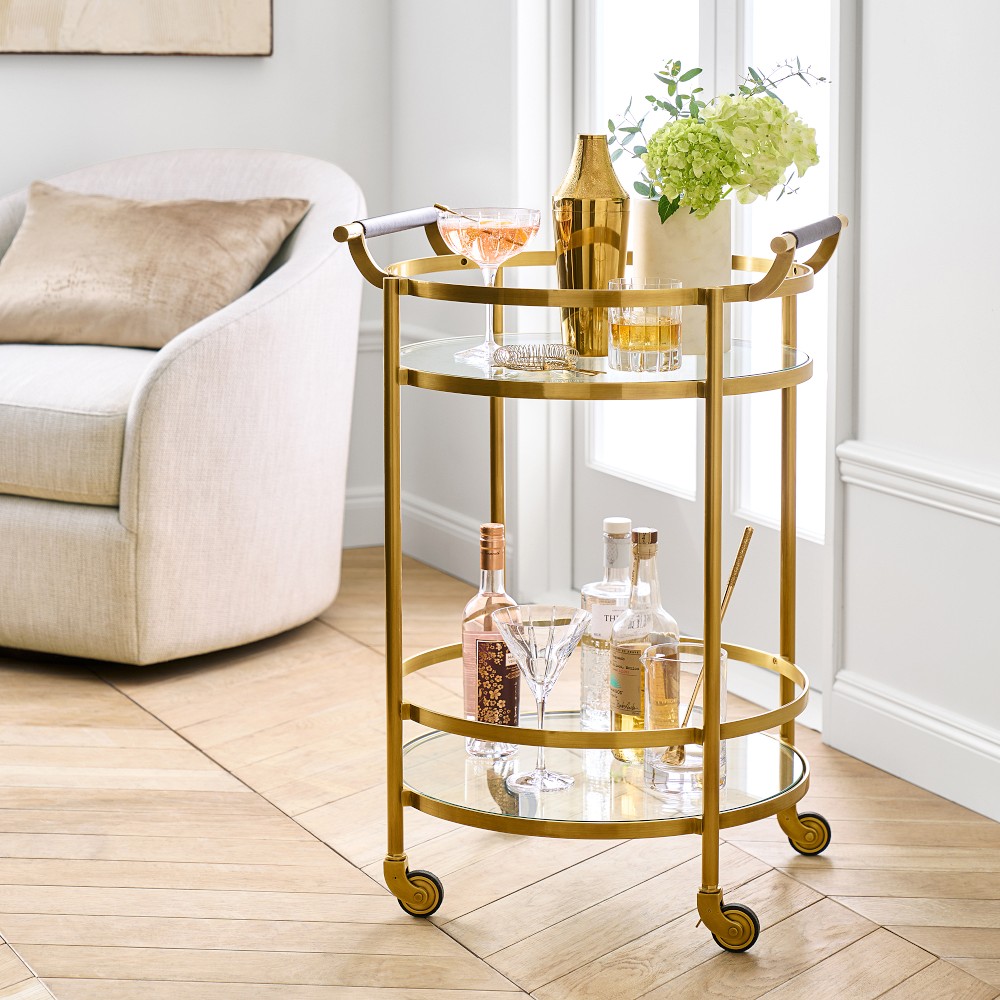 Truman Round Bar Cart, Antique Brass (20&quot;)