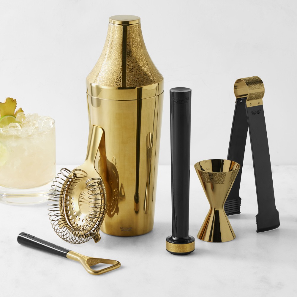 Williams Sonoma Heritage Bar Shaker and Tools Set, Antique Brass