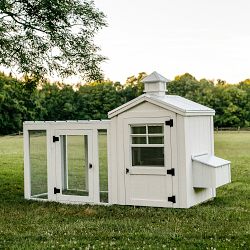 Charming White Chicken Coop with Silver Metal Roof, Chicken Run, and Cedar Cupola