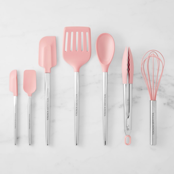 Williams Sonoma Stainless-Steel Silicone Spatula and Utensil Set of 7, Geranium Pink