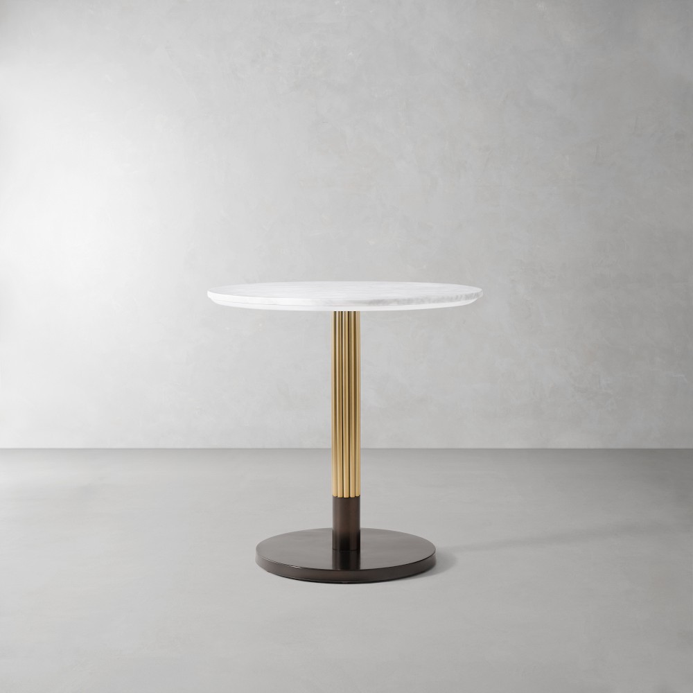 Cosmo Fluted Resturant Table, 30" Round, Carrara Marble, Antique Brass