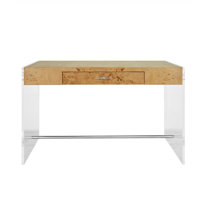Rosewood Desk, 48, Acrylic, Polished Nickel, Light Burled Wood
