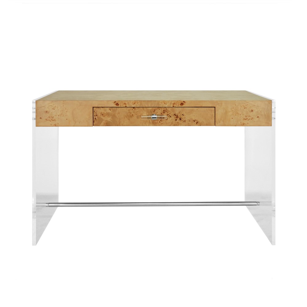 Rosewood Desk, 48, Acrylic, Polished Nickel, Light Burled Wood
