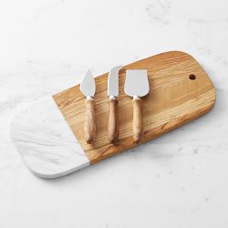 Olivewood &amp; White Marble Rectangular Cheese Board with Cheese Knives