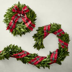 Bay Leaf Live Wreath with Tartan Ribbon