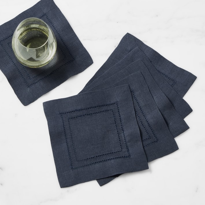 Linen Double Hemstitch Coasters, Set of 6, Navy